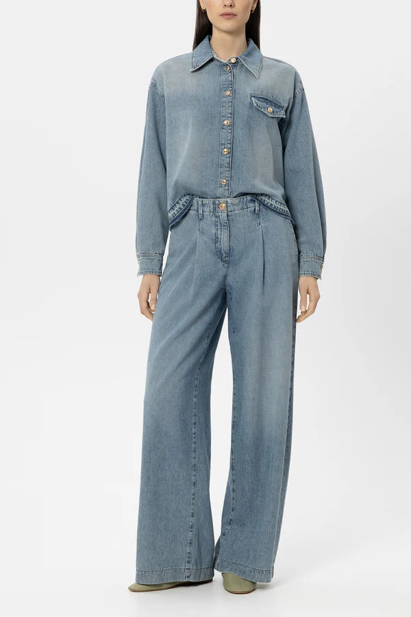 Luisa Cerano Blue Wide Leg Denim Jeans with Pleat