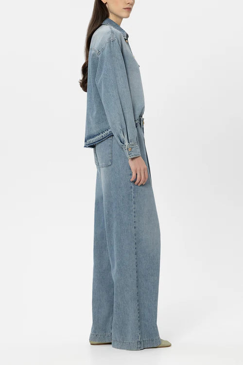 Luisa Cerano Blue Wide Leg Denim Jeans with Pleat