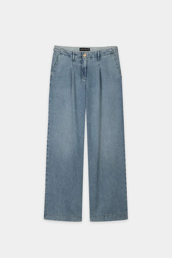 Luisa Cerano Blue Wide Leg Denim Jeans with Pleat