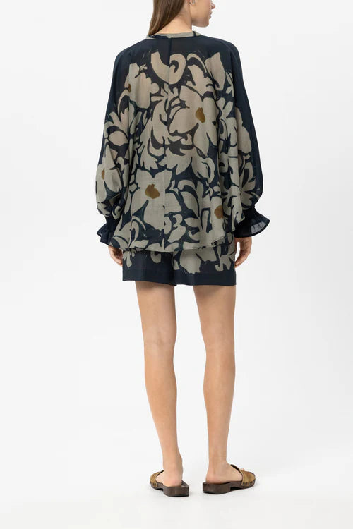 Luisa Cerano Khaki/Black Ramie Shorts with Flower Print