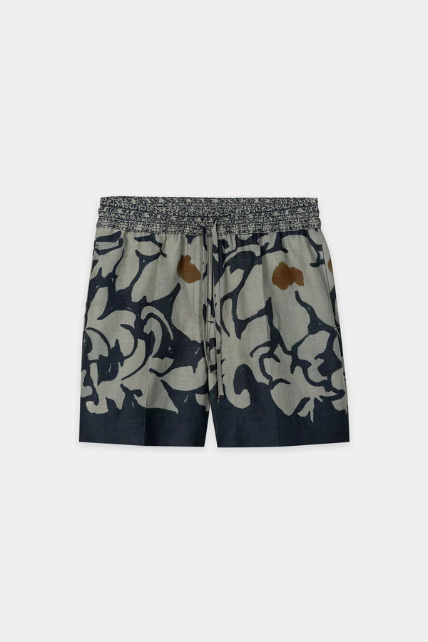 Luisa Cerano Khaki/Black Ramie Shorts with Flower Print