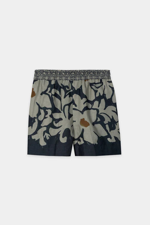 Luisa Cerano Khaki/Black Ramie Shorts with Flower Print