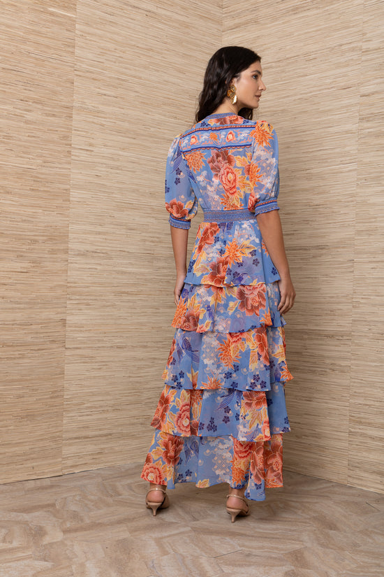 Hale Bob Blue Floral Tiered Maxi Dress with half Sleeve