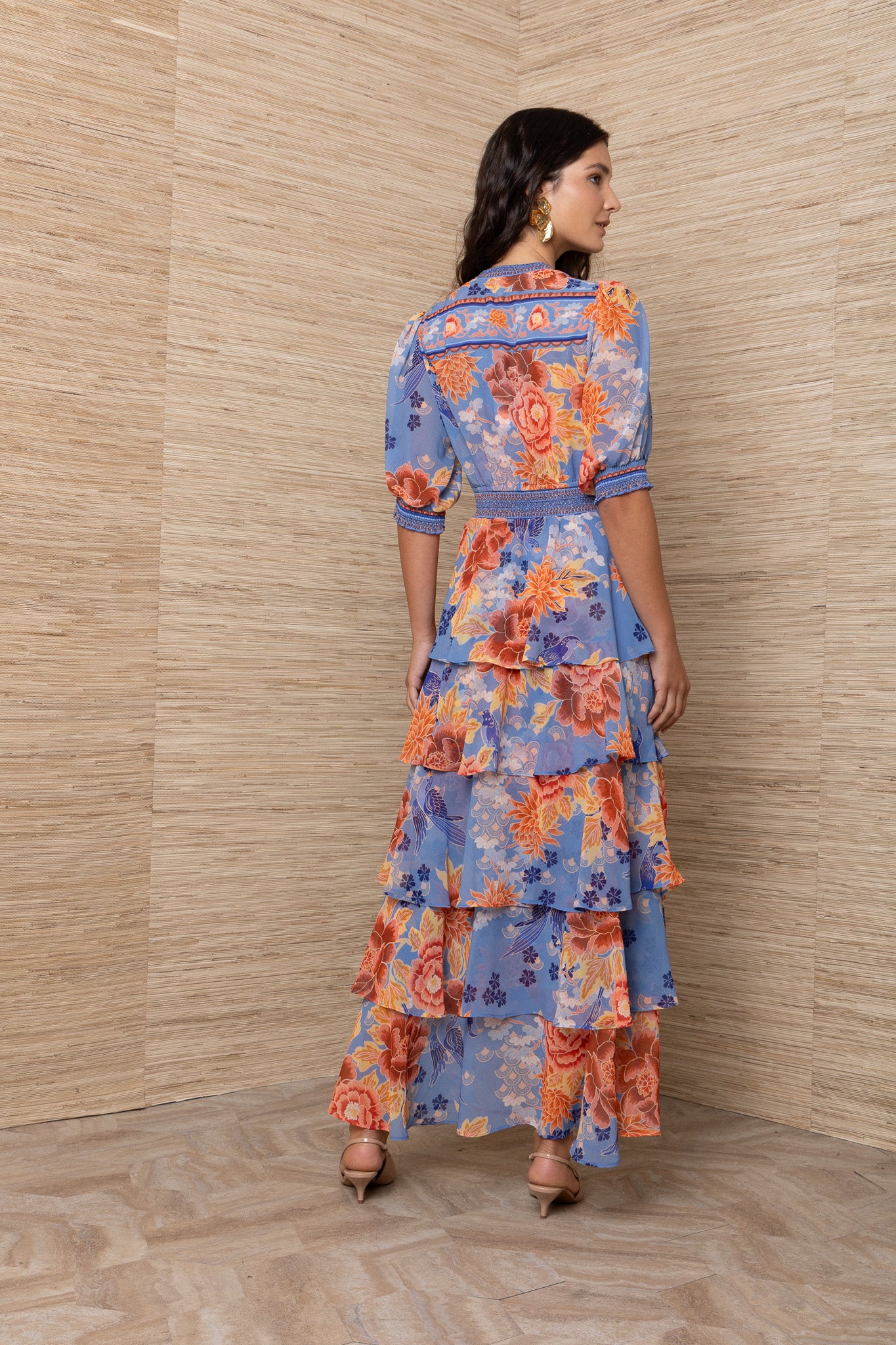Hale Bob Blue Floral Tiered Maxi Dress with half Sleeve