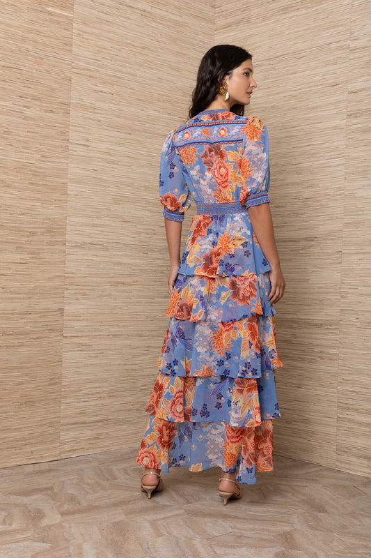 Hale Bob Blue Floral Tiered Maxi Dress with half Sleeve