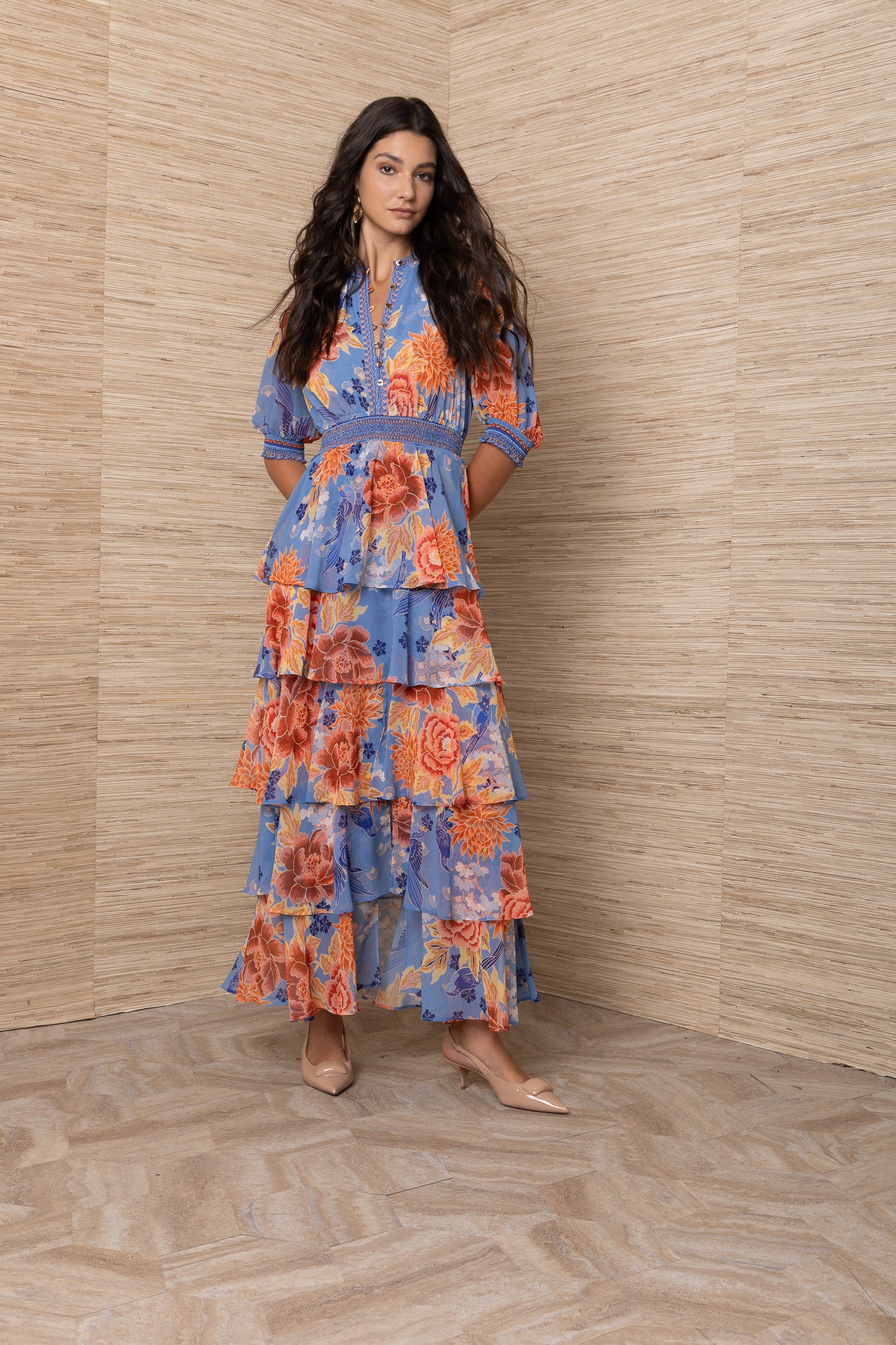 Hale Bob Blue Floral Tiered Maxi Dress with half Sleeve