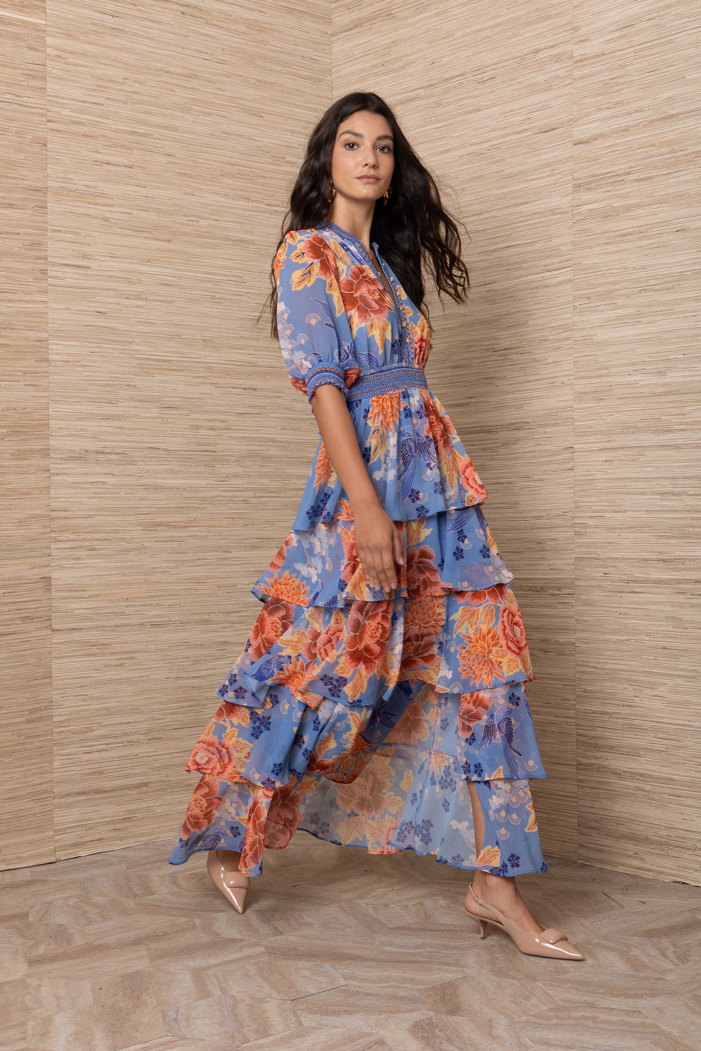 Hale Bob Blue Floral Tiered Maxi Dress with half Sleeve