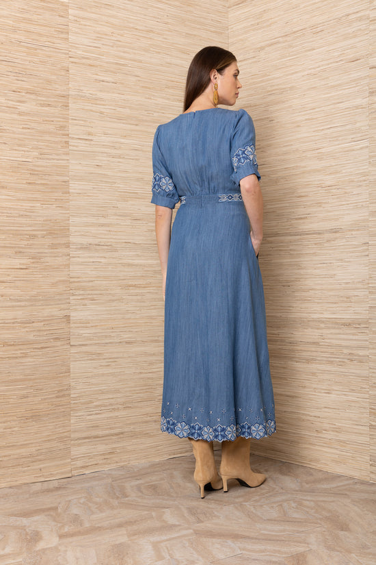 Hale Bob Light Denim Blue Maxi Dress with Embroidery Detailing