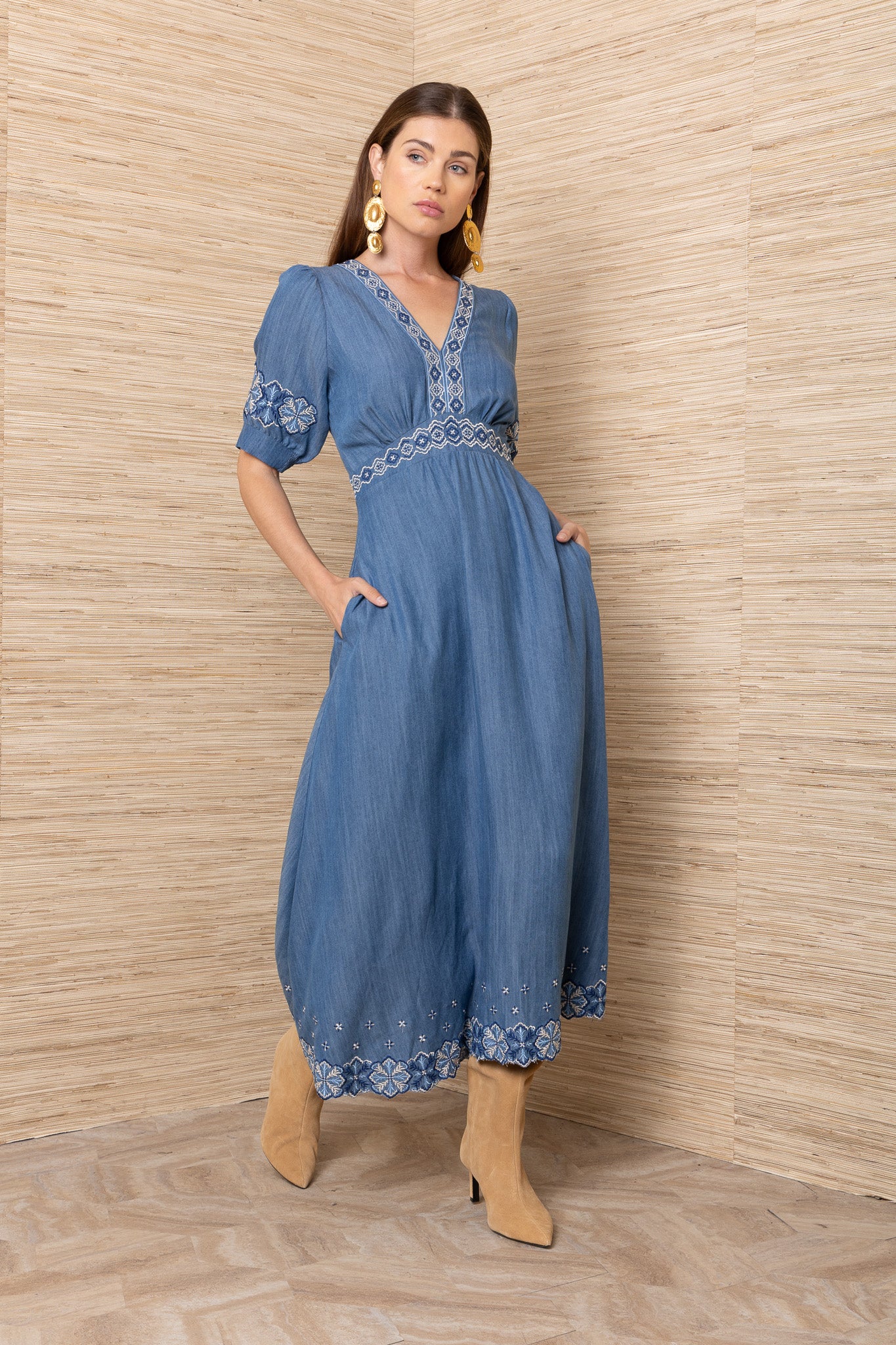 Hale Bob Light Denim Blue Maxi Dress with Embroidery Detailing
