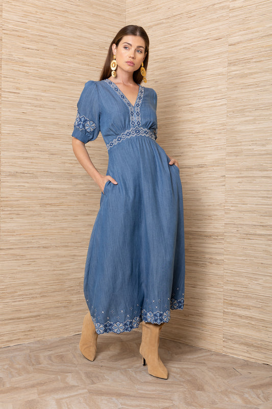 Hale Bob Light Denim Blue Maxi Dress with Embroidery Detailing