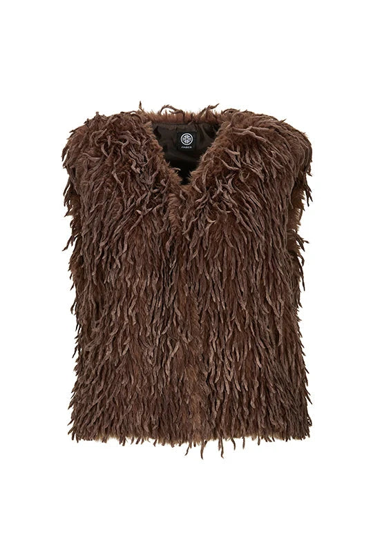 Faber Chocolate V-Neck Faux Fur Boho Gilet