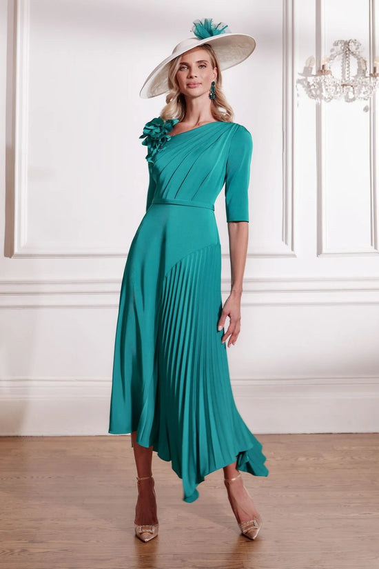 John Charles Peacock Crepe Midi Dress with Shoulder Floral Detail Accents