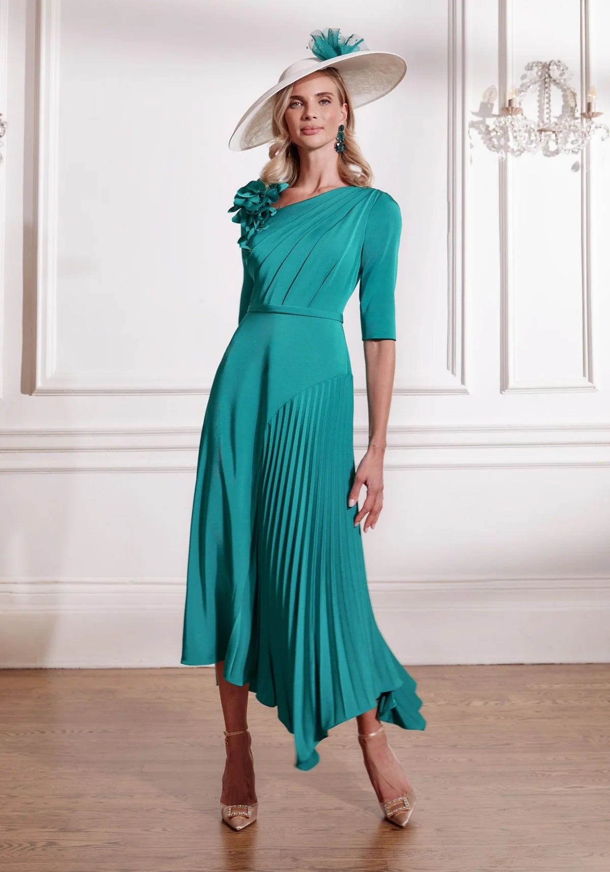 John Charles Peacock Crepe Midi Dress with Shoulder Floral Detail Accents