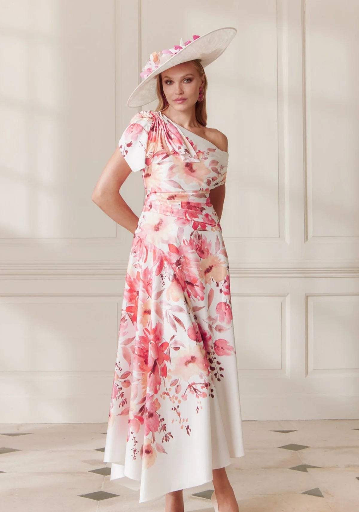 John Charles Sunset Floral Print Asymmetric Hem Crepe Dress