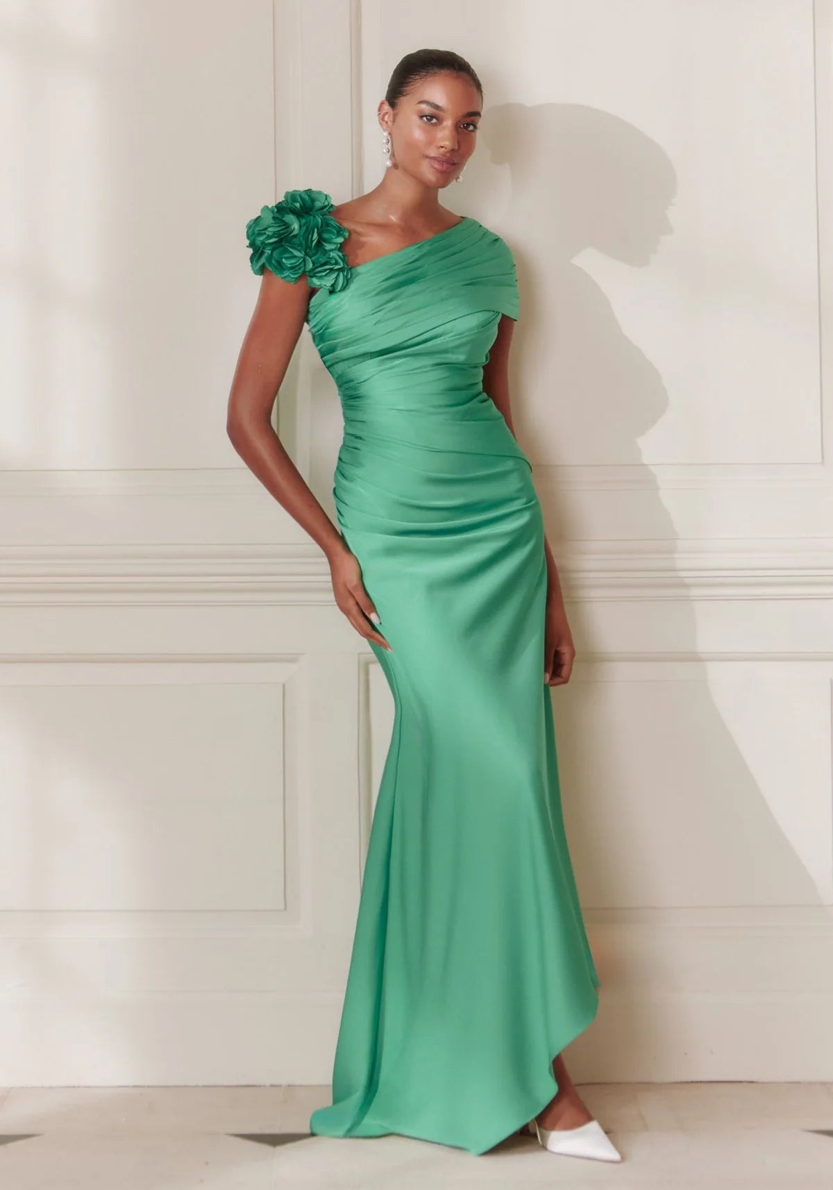 John Charles Emerald Crepe Long Dress with Pleated and Gathered Collar