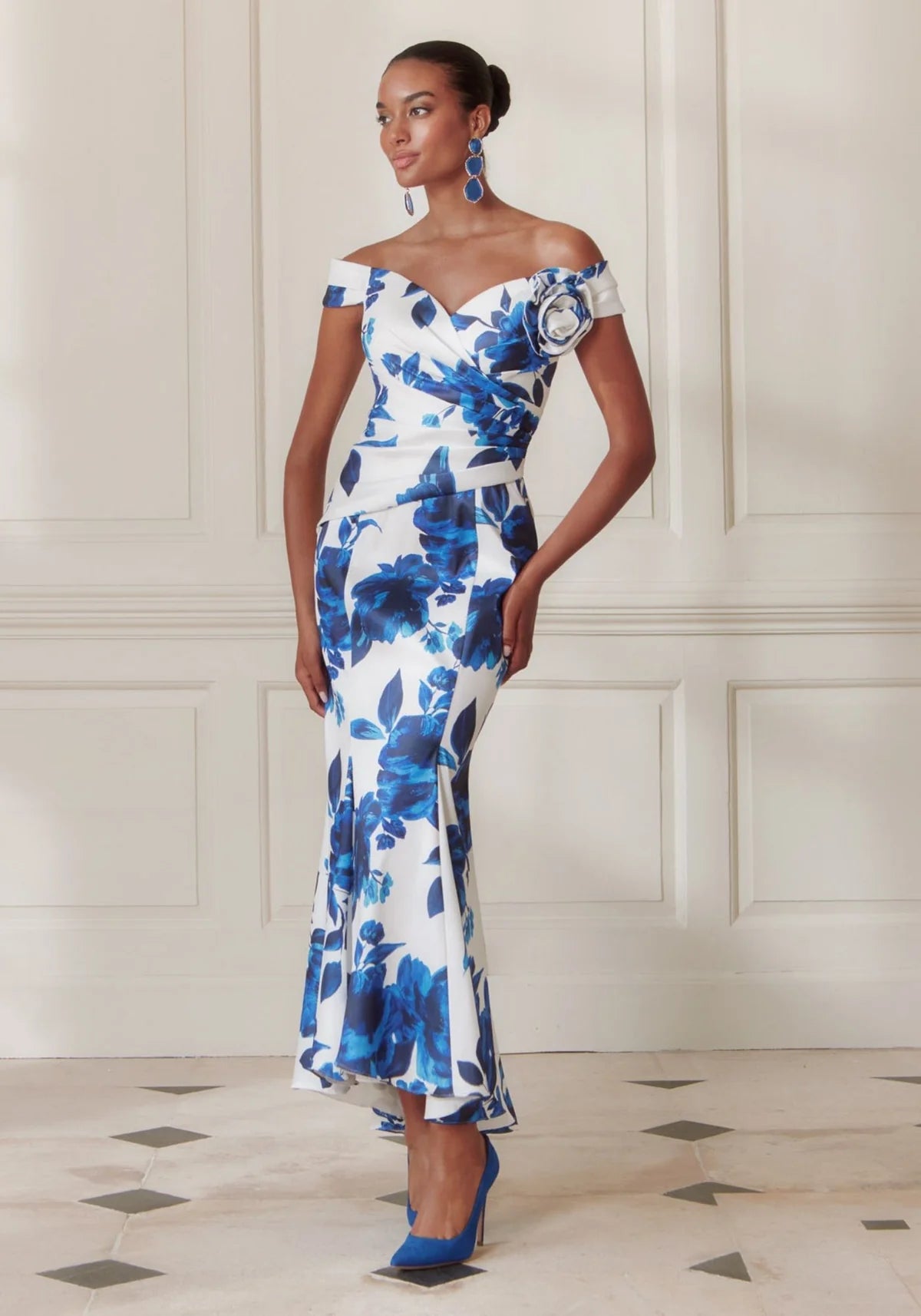 John Charles Blue Carnation Flower Printed Mikado Fit-and-Flare Dress