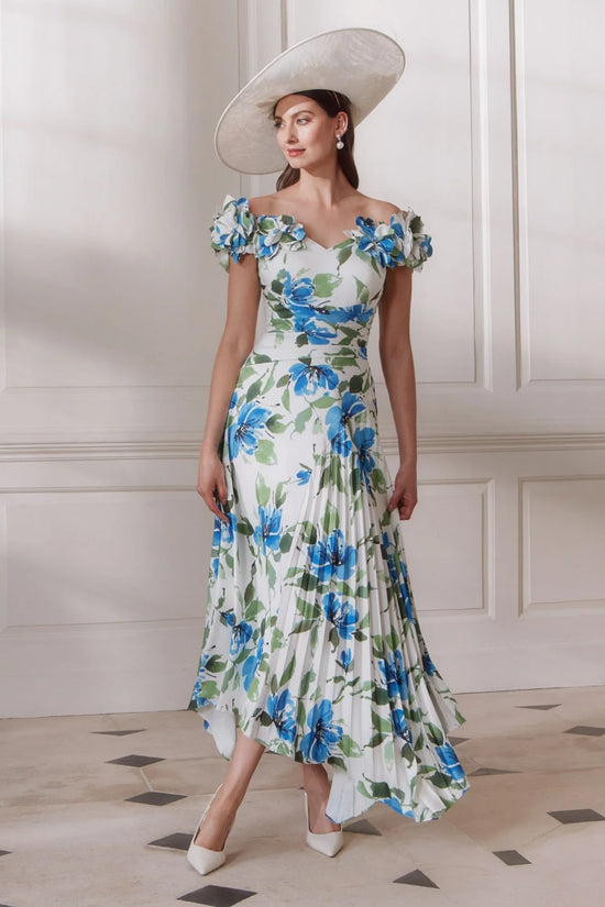 John Charles Amaryllis Off-Shoulder Crepe Dress with Pleated Skirt 