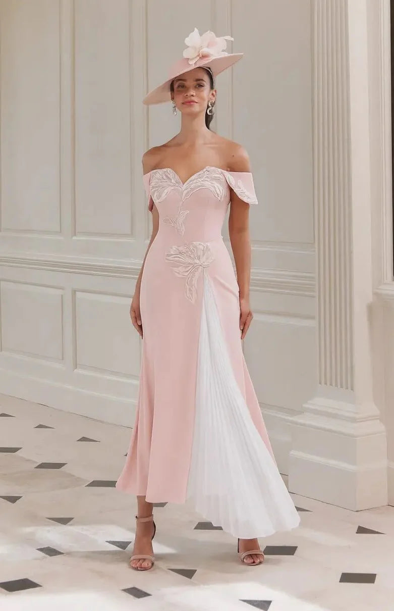 John Charles Pink Luxe Crepe Dress with Beaded Floral Appliqués