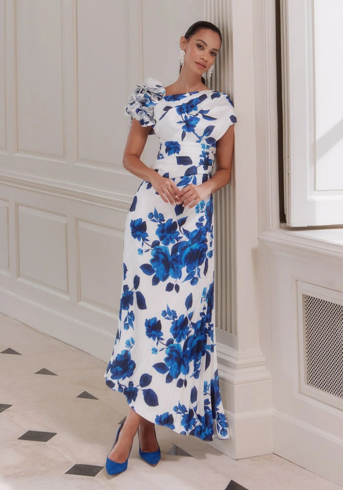 John Charles Blue Carnation Print Crepe Midi Dress