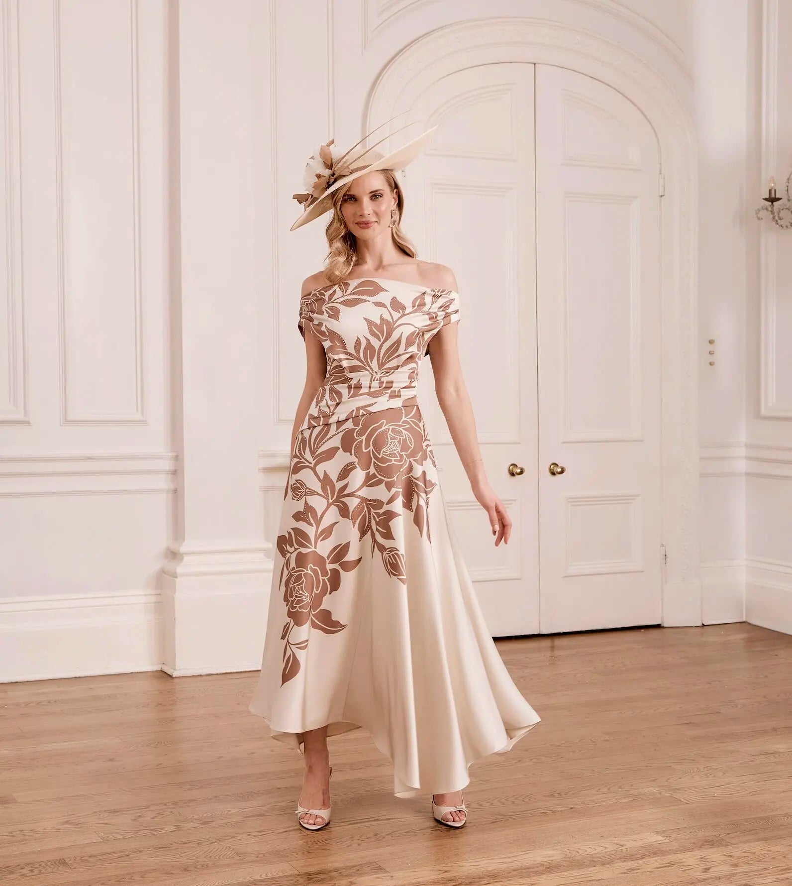 John Charles Mocha Floral Print Bardot Neckline Dress
