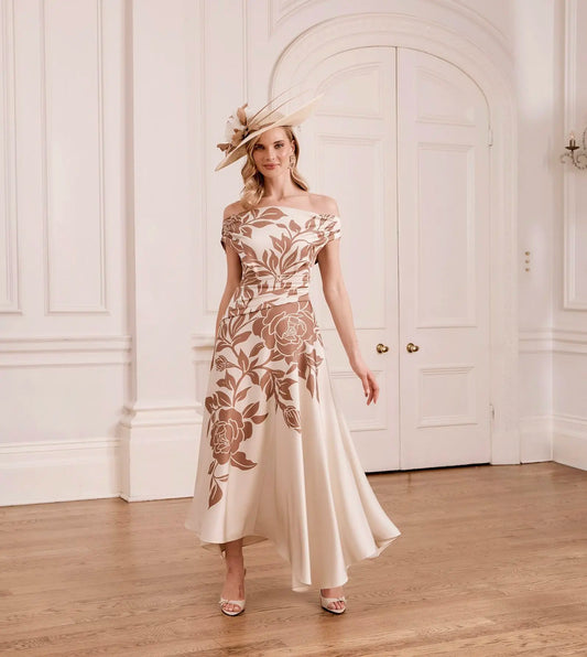 John Charles Mocha Floral Print Bardot Neckline Dress