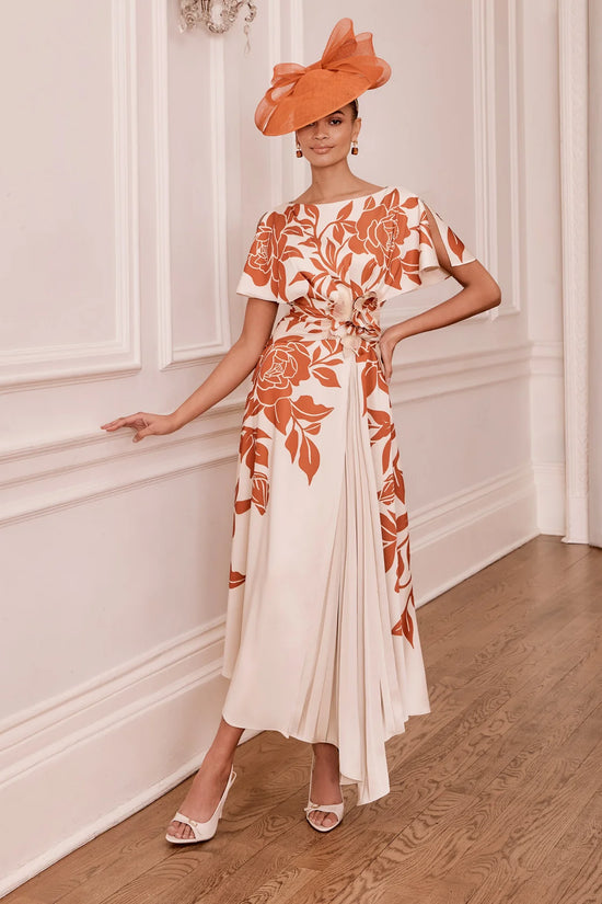 John Charles Terracotta/Ecru Draped Midi Dress with Floral Detail