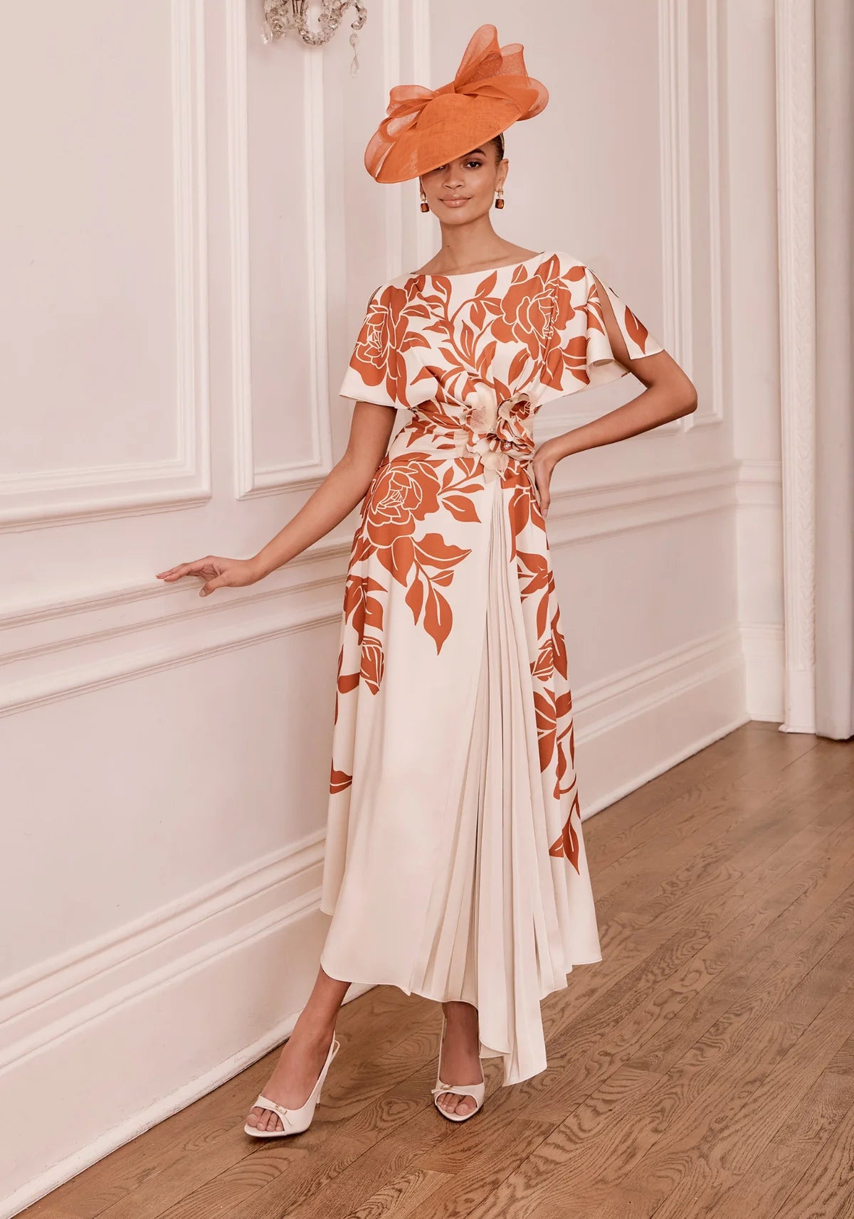 John Charles Terracotta/Ecru Draped Midi Dress with Floral Detail