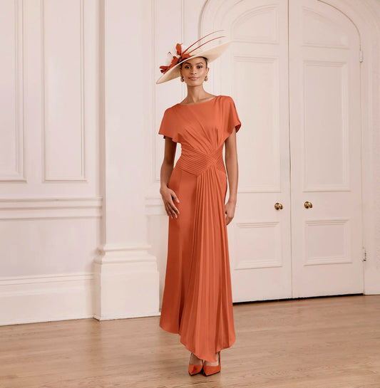 John Charles Terracotta Dress with Asymmetrical Pleated Waist Panel