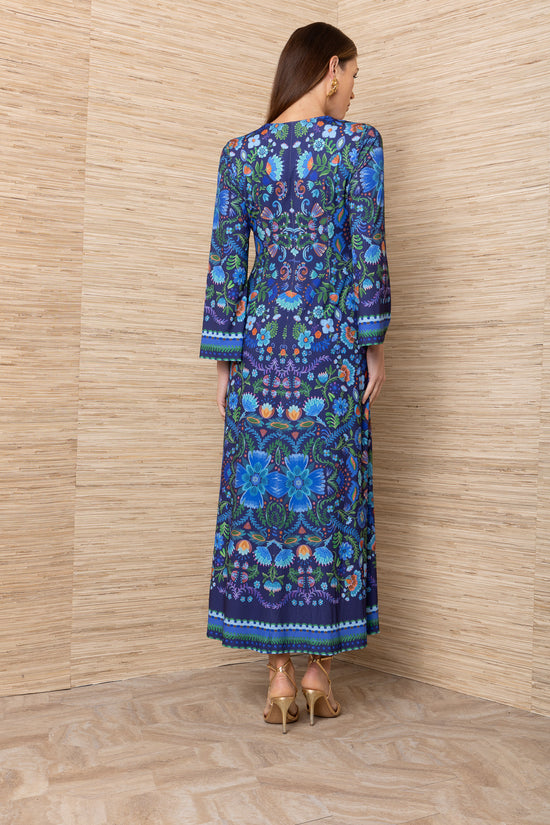 Hale Bob Navy Floral Print V-Neck Long Sleeve Midi Dress