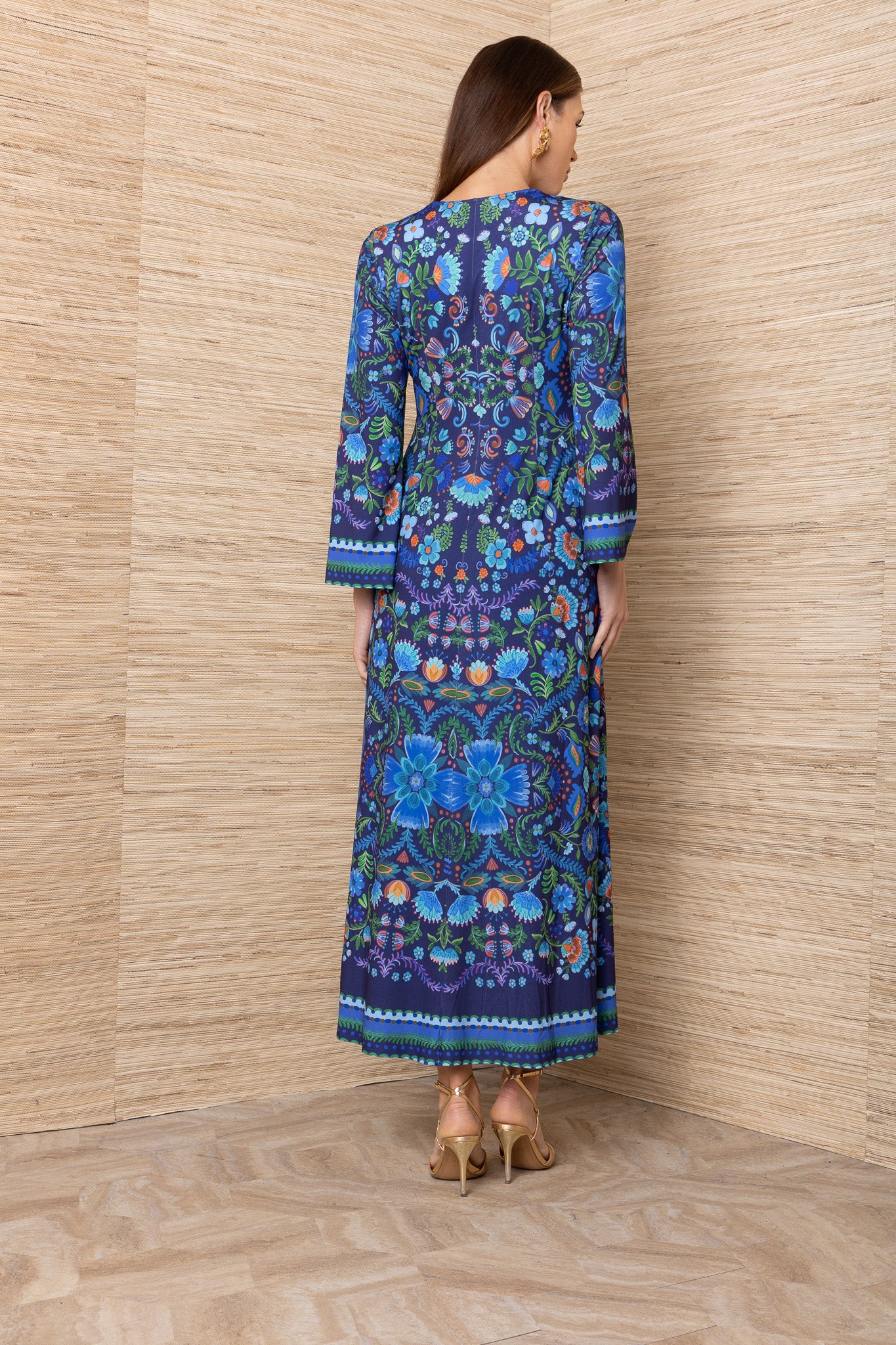 Hale Bob Navy Floral Print V-Neck Long Sleeve Midi Dress
