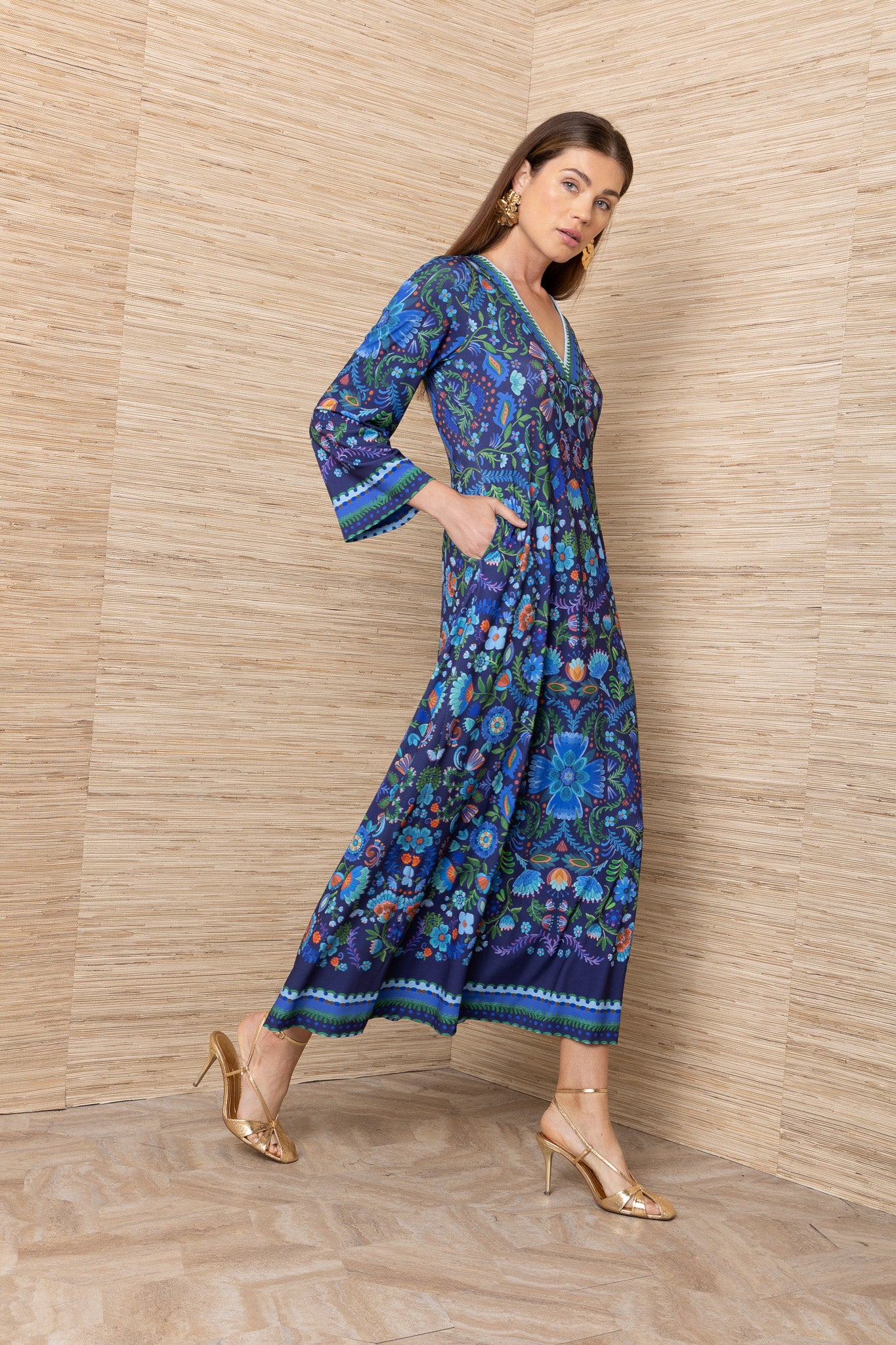 Hale Bob Navy Floral Print V-Neck Long Sleeve Midi Dress