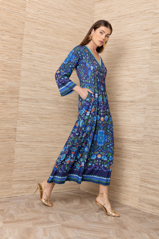 Hale Bob Navy Floral Print V-Neck Long Sleeve Midi Dress