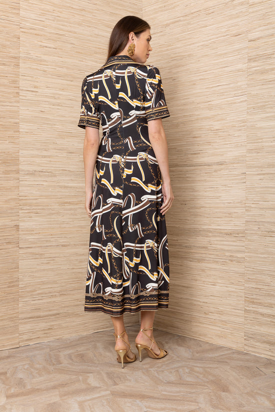 Hale Bob Black Chain Print Midi Shirt Dress with Collar & Button Front 