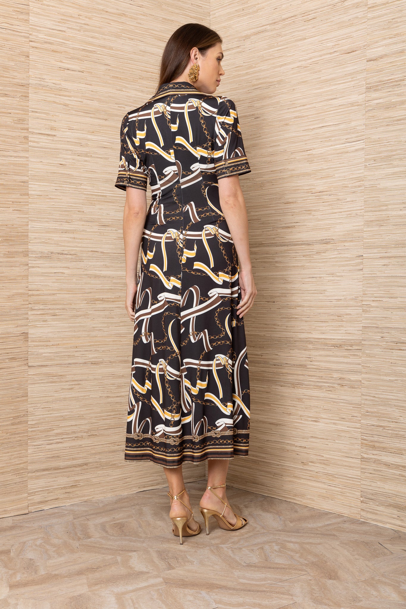 Hale Bob Black Chain Print Midi Shirt Dress with Collar & Button Front 