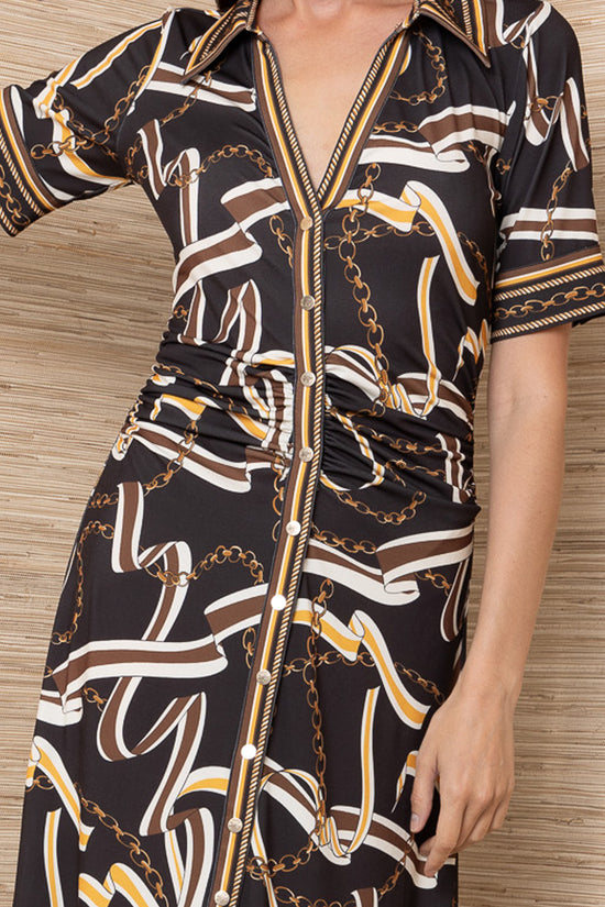 Hale Bob Black Chain Print Midi Shirt Dress with Collar & Button Front 