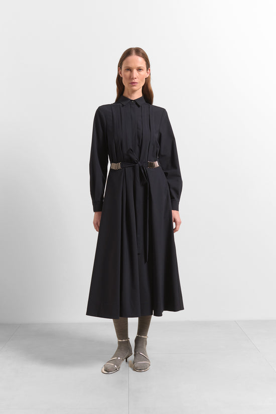 Beatrice B Dark Blue Pleated Shirt Dress with Belt Tie
