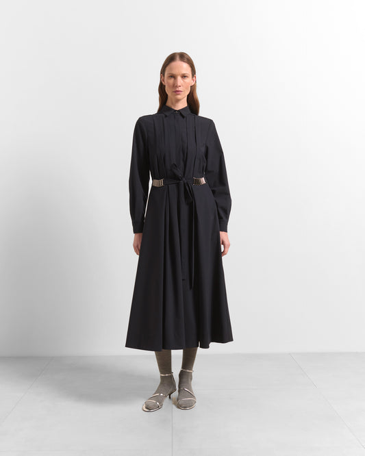 Beatrice B Dark Blue Pleated Shirt Dress with Belt Tie
