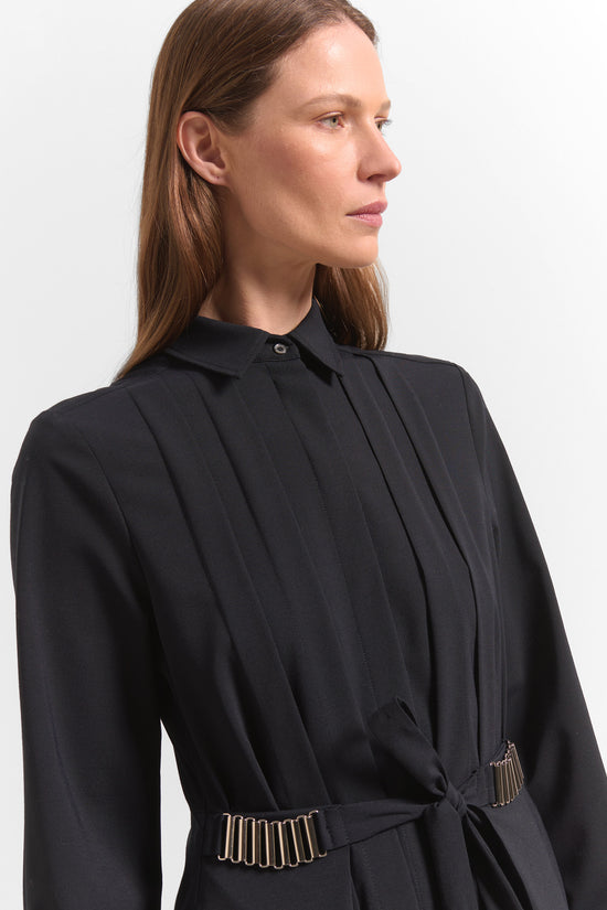 Beatrice B Dark Blue Pleated Shirt Dress with Belt Tie