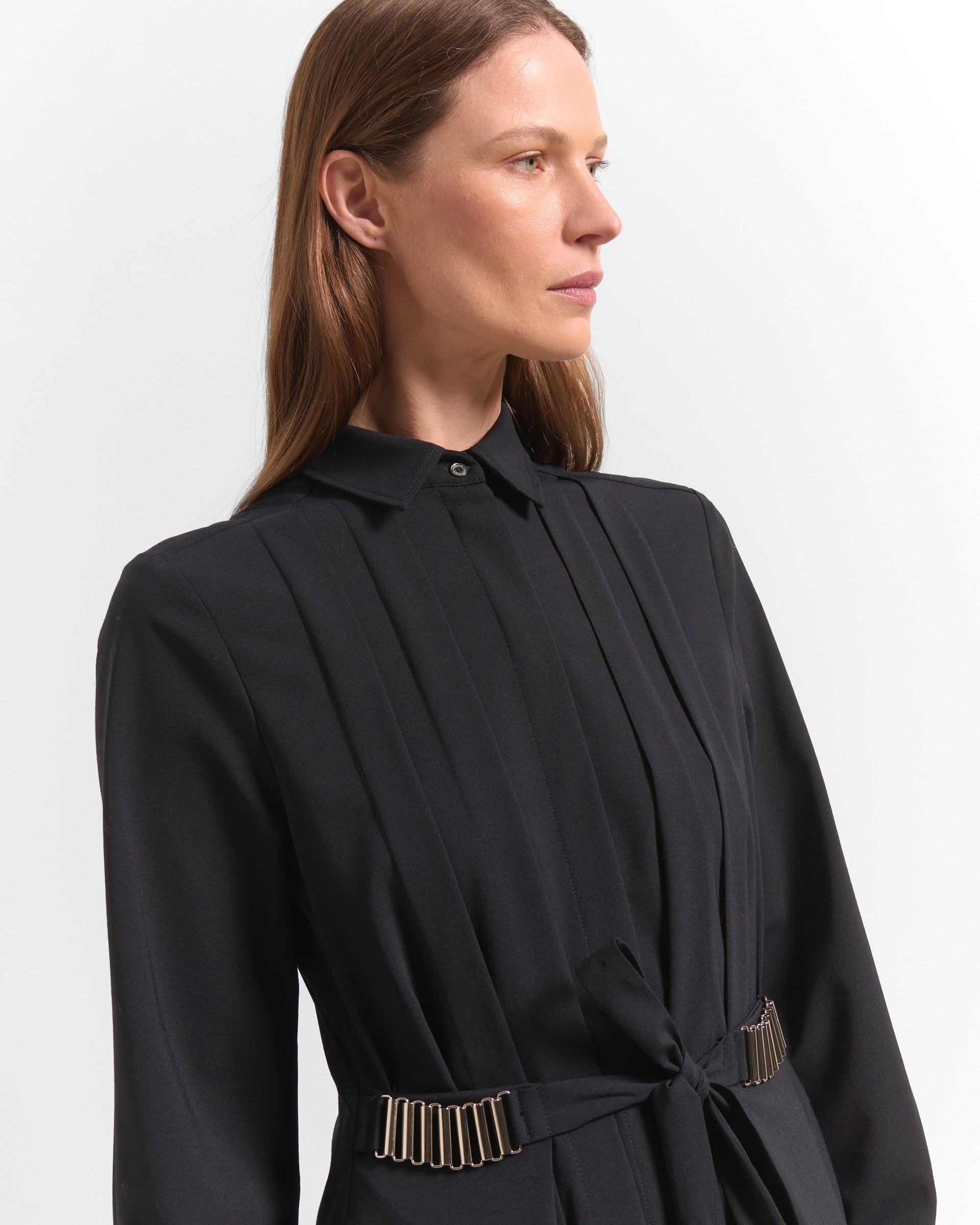 Beatrice B Dark Blue Pleated Shirt Dress with Belt Tie