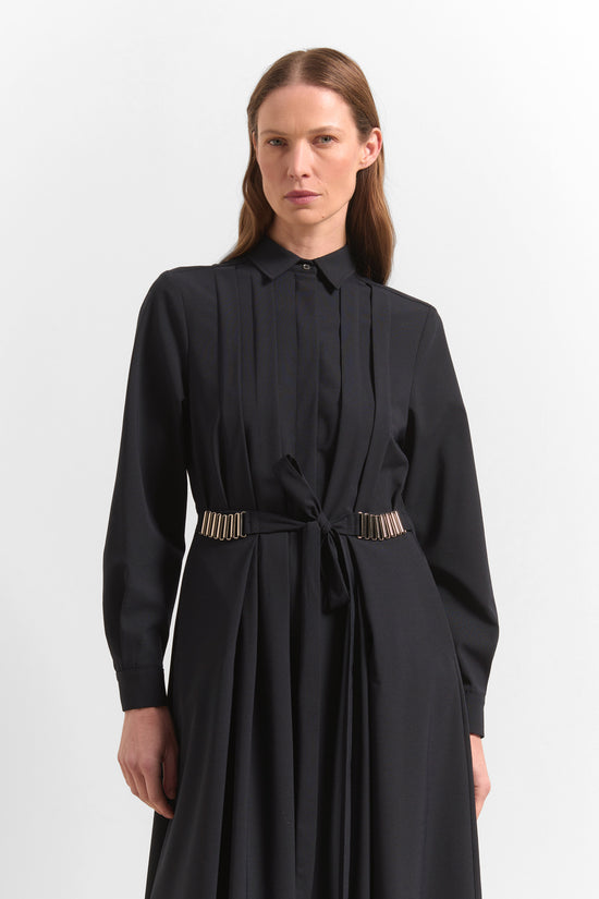 Beatrice B Dark Blue Pleated Shirt Dress with Belt Tie