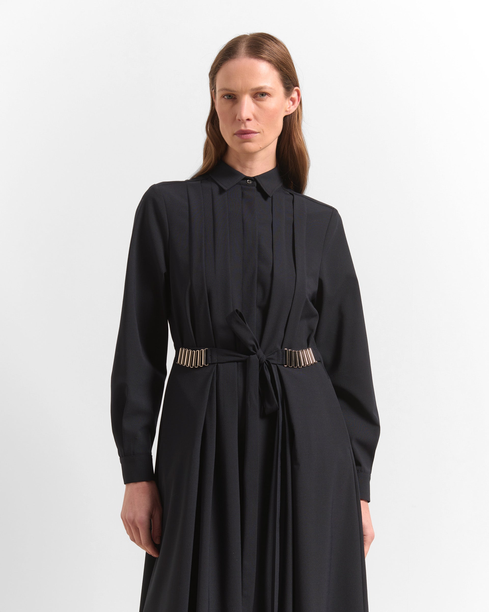 Beatrice B Dark Blue Pleated Shirt Dress with Belt Tie