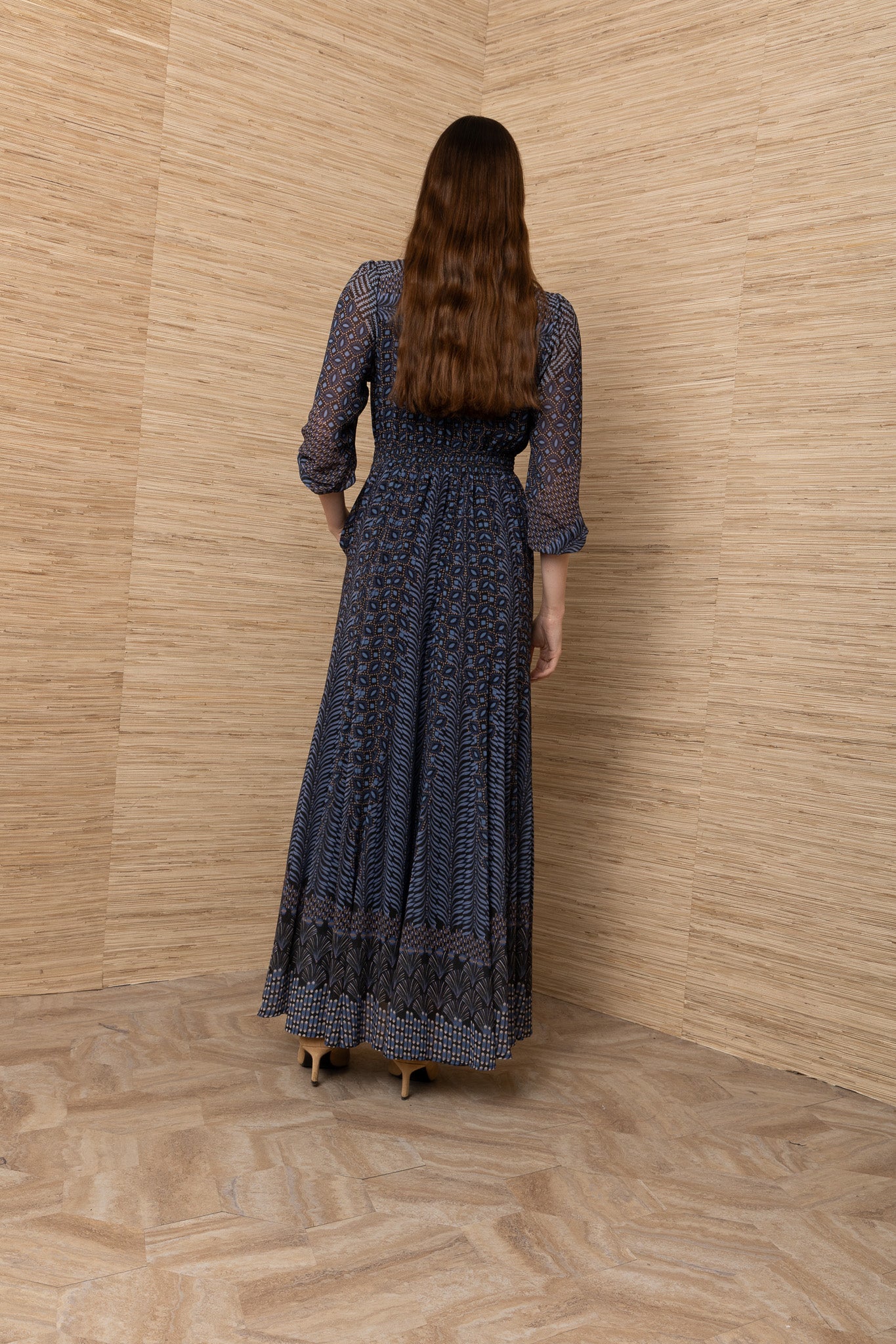 Hale Bob Navy Print Maxi Dress V-Neck, Shirred Waist, Long Sleeve