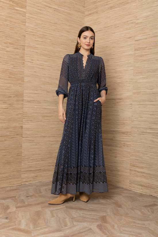 Hale Bob Navy Print Maxi Dress V-Neck, Shirred Waist, Long Sleeve