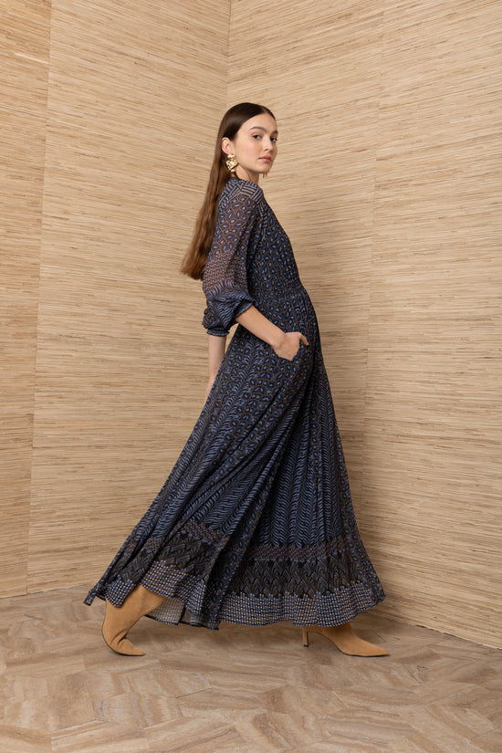 Hale Bob Navy Print Maxi Dress V-Neck, Shirred Waist, Long Sleeve