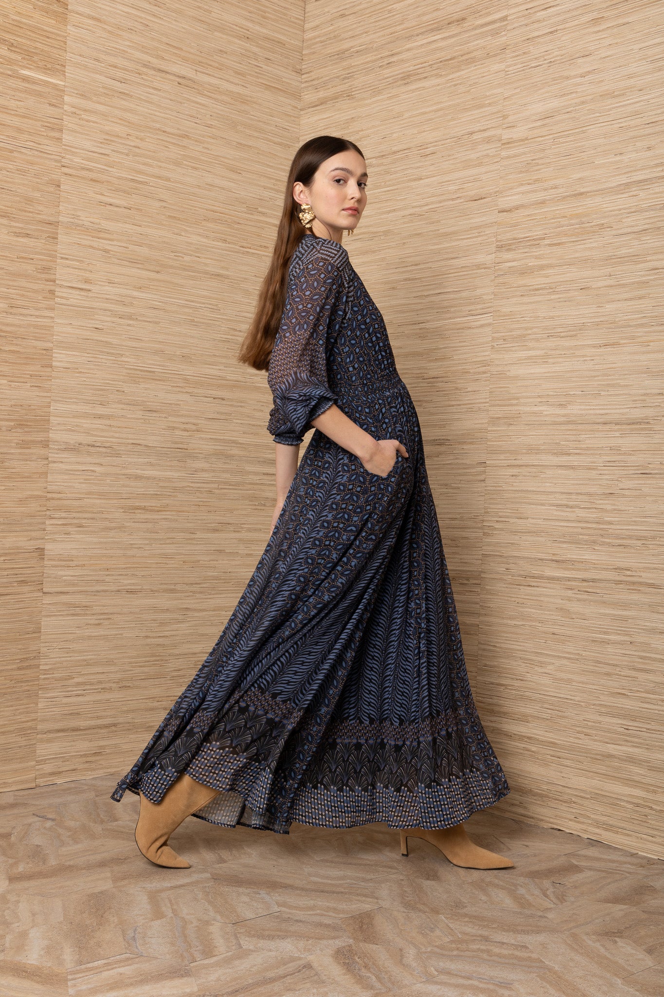 Hale Bob Navy Print Maxi Dress V-Neck, Shirred Waist, Long Sleeve