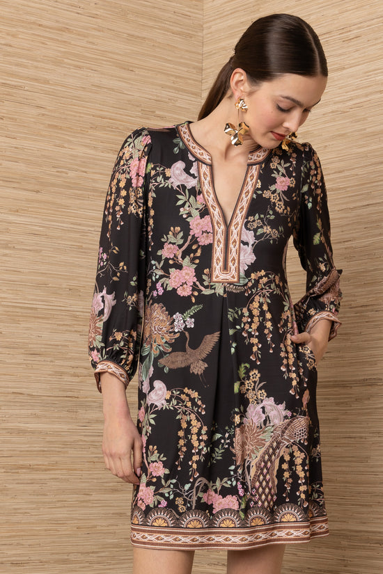 Hale Bob Black Floral Print Midi Dress Long Sleeve V-Neck with Patterned Trims