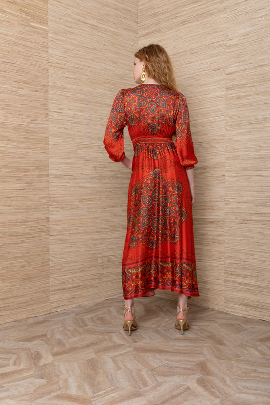 Hale Bob Orange Print Maxi Dress V-Neck Pleated Detail