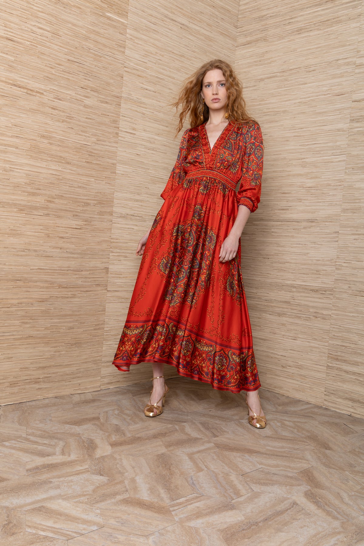Hale Bob Orange Print Maxi Dress V-Neck Pleated Detail