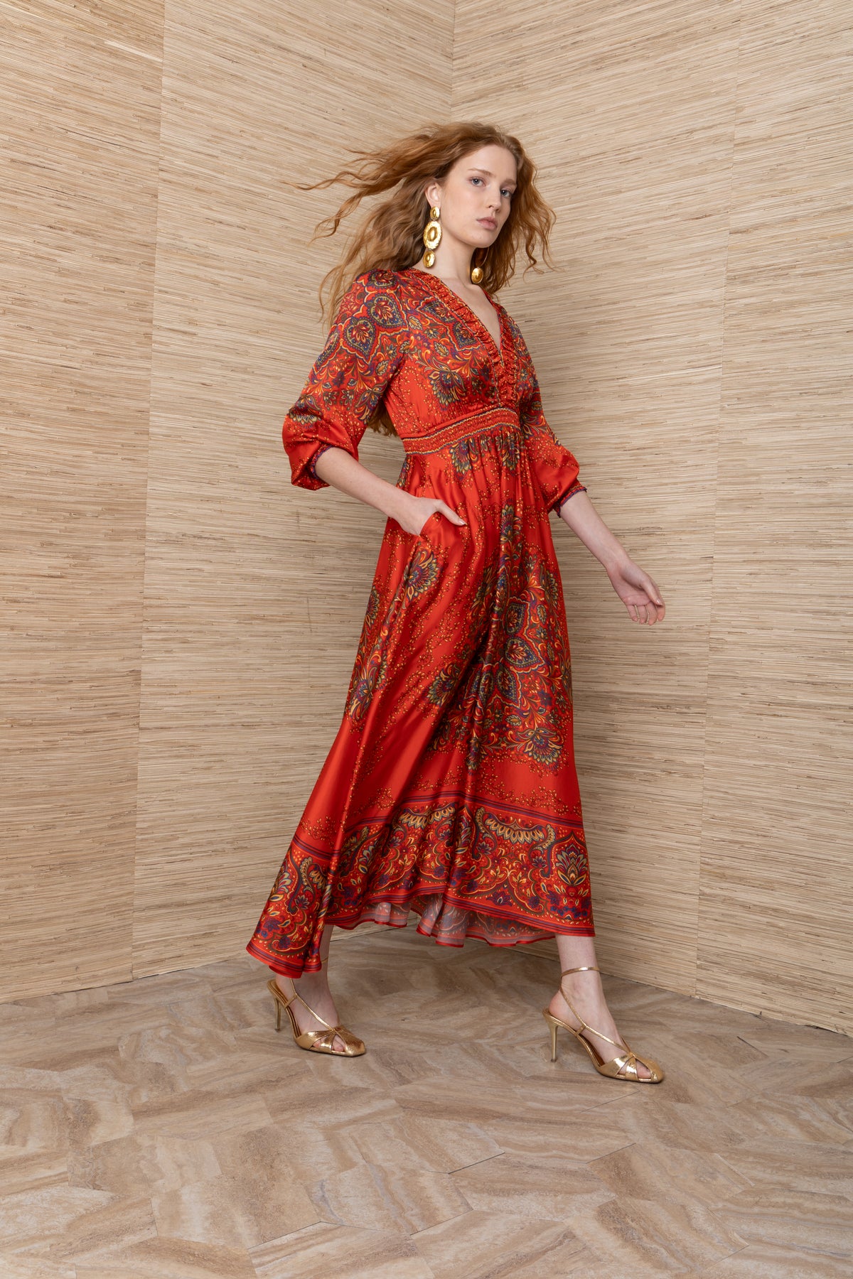 Hale Bob Orange Print Maxi Dress V-Neck Pleated Detail