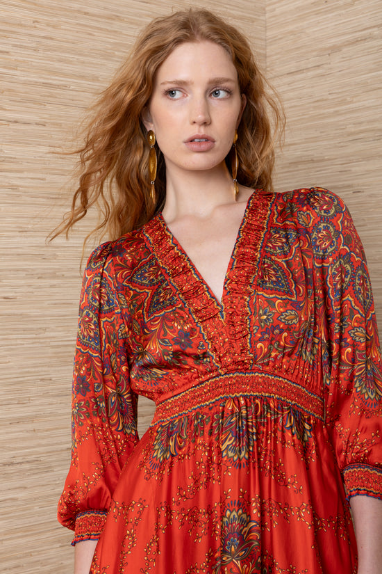 Hale Bob Orange Print Maxi Dress V-Neck Pleated Detail